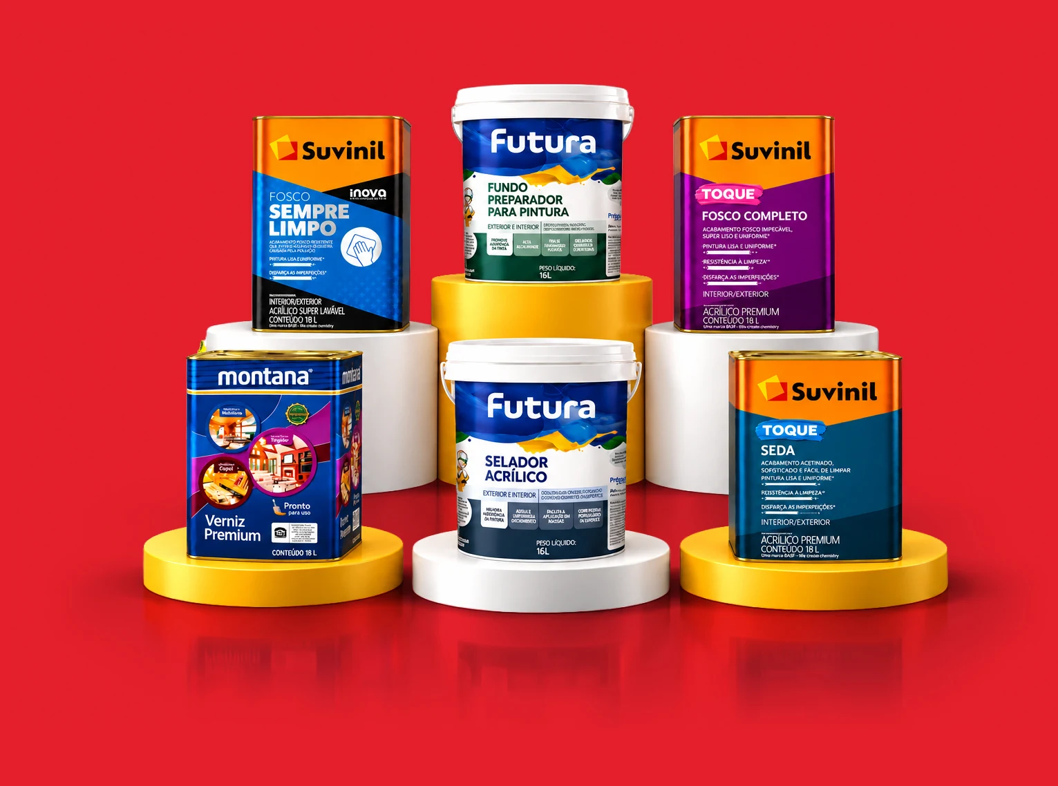 Produtos das linhas participantes: tintas Suvinil Toque Fosco Completo, Sempre Limpo e Toque de Seda, selador e fundo preparador Futura, e Verniz Premium Montana.
