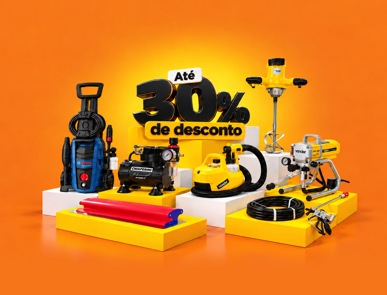 Até 30% de desconto no Outlet do Pintor: lavadora de alta pressão Bosch, compressor Chiaperini, pistola de pintura e máquina airless Vonder, misturador, mangueira e desempenadeira em pódios amarelos e brancos.
